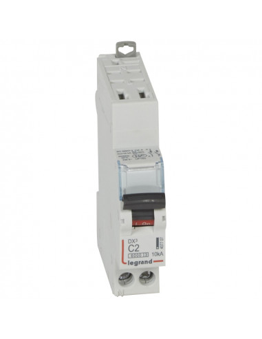 Disjoncteur DX³6000 10kA arrivée haute automatique et départ bas à vis U+N 230V 2A courbe C 1 module LEGRAND 407707