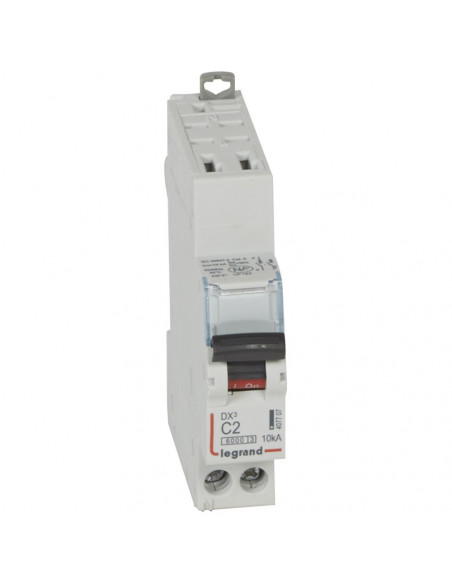 Disjoncteur DX³6000 10kA arrivée haute automatique et départ bas à vis U+N 230V 2A courbe C 1 module LEGRAND 407707