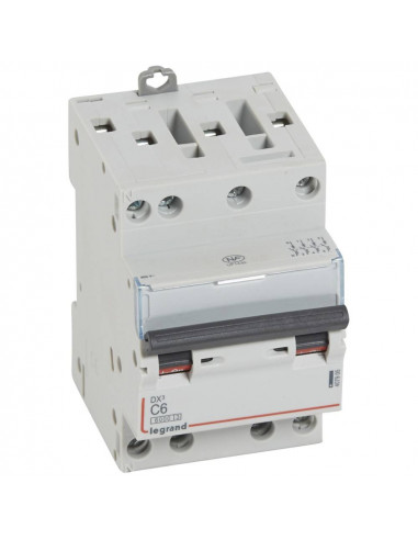 Disjoncteur DX³6000 arrivée haute et départ bas à vis 4 Pôles 400V 6A courbe C pour peigne HX³ optimisé LEGRAND 407905
