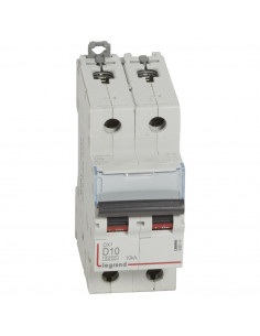 Disjoncteur DX³6000 arrivée haute départ bas à vis 2 Pôles 230V~ à 400V~ 10A courbe D 2 modules LEGRAND 408014