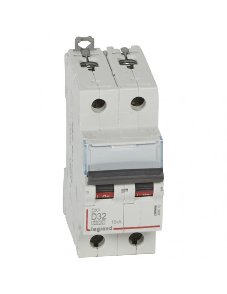 Disjoncteur DX³6000 arrivée haute et départ bas à vis 2 Pôles 400V 32A courbe D 2 modules LEGRAND 408018
