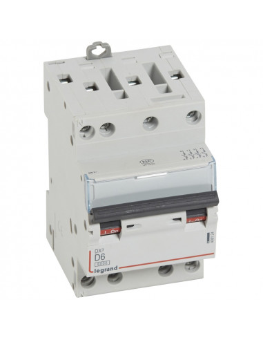 Disjoncteur DX³6000 10kA arrivée haute et départ bas à vis 4 Pôles 400V~ 6A courbe D pour peigne HX³ optimisé LEGRAND 408124