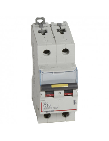 Disjoncteur DX³10000 16kA arrivée haute et départ bas à vis 2 Pôles de 230V à 400V 10A courbe C 2 modules LEGRAND 409219