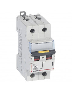 Disjoncteur DX³10000 16kA arrivée haute et départ bas à vis 2 Pôles 230V à 400V 20A courbe C 2 modules LEGRAND 409222