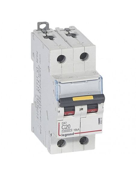 Disjoncteur DX³10000 16kA arrivée haute et départ bas à vis 2 Pôles 230V à 400V 20A courbe C 2 modules LEGRAND 409222
