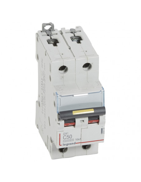 Disjoncteur DX³10000 16kA arrivée haute et départ bas à vis 2 Pôles 230V~ à 400V~ 50A courbe C 2 modules LEGRAND 409226
