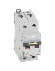 Disjoncteur DX³10000 16kA arrivée haute et départ bas à vis 2P 230V~ à 400V~ 63A courbe C 2 modules LEGRAND 409227