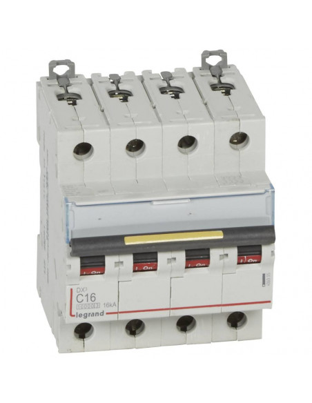 Disjoncteur DX³10000 16kA arrivée haute et départ bas à vis 4 Pôles 400V 16A courbe C 4 modules LEGRAND 409355