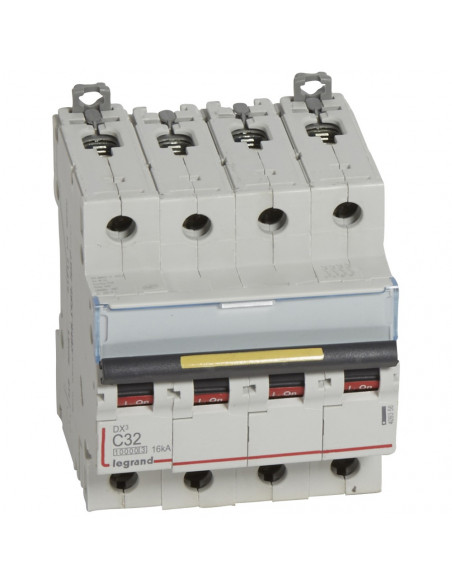 Disjoncteur DX³10000 16kA arrivée haute et départ bas à vis 4 Pôles 400V~ 32A courbe C 4 modules LEGRAND 409358