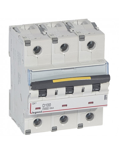 Disjoncteur DX³10000 16kA arrivée haute/départ bas vis 3 Pôles 100A courbe C -4,5 modules LEGRAND 409507