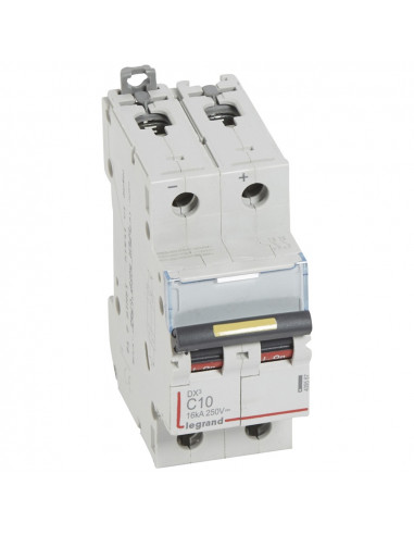 Disjoncteur DX³ 16kA courant continu arrivée vis et sortie basse vis 10A courbe C 2 modules LEGRAND 409567