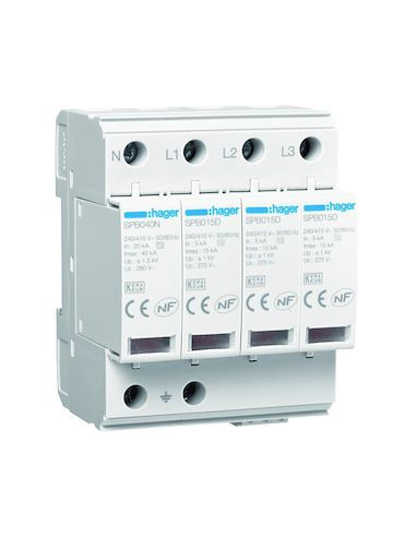 Parafoudre 4 Pôles T2 TNS/TT Uc 275V In 5kA Imax 15kA telesignalisation HAGER SPB415R