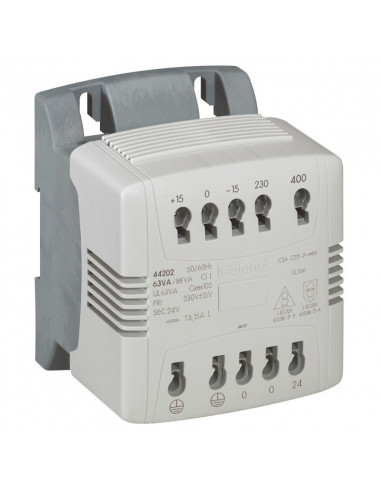 Transformateur de commande et sécurité à connexion automatique primaire 230V à 400V et secondaire 24V~ 400VA LEGRAND 044206