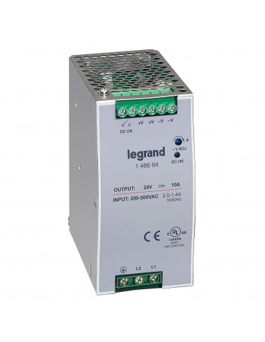 Alimentation stabilisée à découpage monophasée et biphasée entrée 200V à 500V et sortie 24V 240W LEGRAND 146664