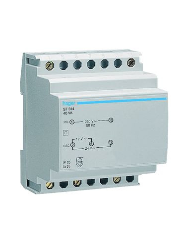 Transformateur sécurité 40VA 230V-12 à 24V HAGER ST314