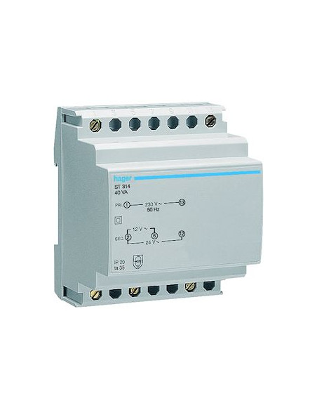 Transformateur sécurité 40VA 230V-12 à 24V HAGER ST314