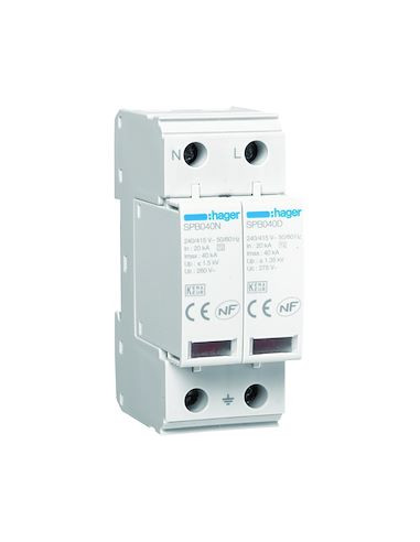 Parafoudre 2P T2 TNS/TT Uc 275V In 20kA Imax 40kA telesignalisation HAGER SPB240R