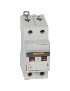 Disjoncteur DX³ 25kA arrivée haute et départ bas à vis 2 Pôles de 230 à 400V 10A courbe C 2 modules LEGRAND 409767