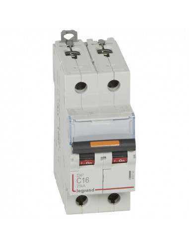 Disjoncteur DX3 25kA arrivée haute et départ bas à vis 2 Pôles 400V 16A courbe C 2 modules LEGRAND 409768
