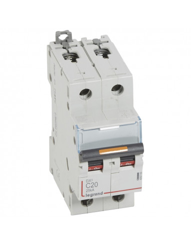 Disjoncteur DX³ 25kA arrivée haute et départ bas à vis 2 Pôles de 230V à 400V 20A courbe C 2 modules LEGRAND 409769