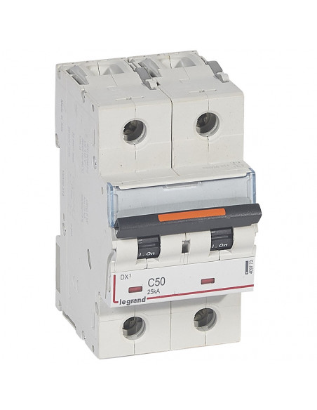 Disjoncteur DX³ 25kA arrivée haute et départ bas à vis 2 Pôles 230V~ à 400V~ 50A courbe C 3 modules LEGRAND 409773