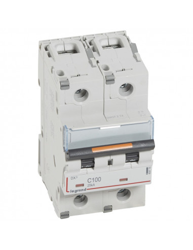 Disjoncteur DX³ 25kA arrivée haute et départ bas à vis 2 Pôles de 230V~ à 400V~ 100A courbe C 3 modules LEGRAND 409776