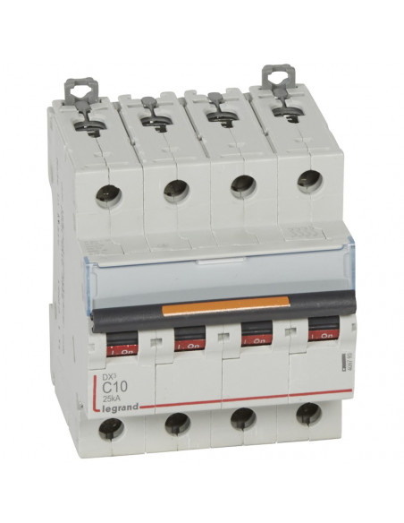 Disjoncteur DX³ 25kA arrivée haute et départ bas à vis 4 Pôles 400V 10A courbe C 4 modules LEGRAND 409793
