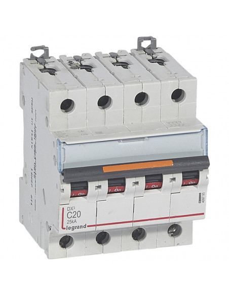 Disjoncteur DX³ 25kA arrivée haute et départ bas à vis 4 Pôles 400V~ 20A courbe C 4 modules LEGRAND 409795