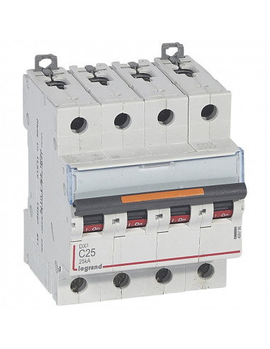 Disjoncteur DX³ 25kA arrivée haute et départ bas à vis 4 Pôles 400V 25A courbe C 4 modules LEGRAND 409796