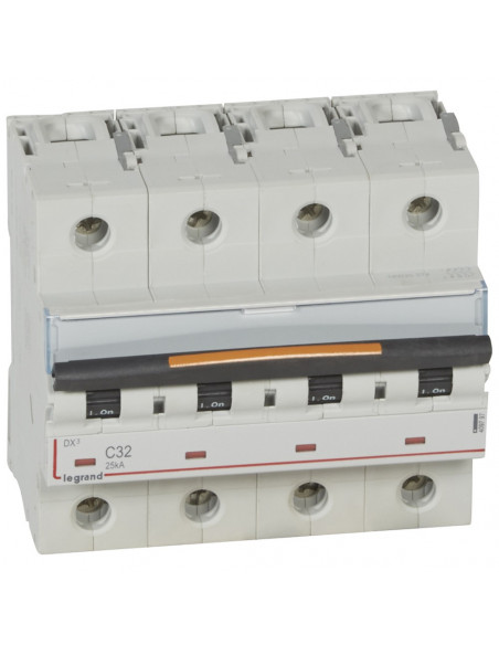 Disjoncteur DX³ 25kA arrivée haute et départ bas à vis 4 Pôles 400V 32A courbe C 6 modules LEGRAND 409797
