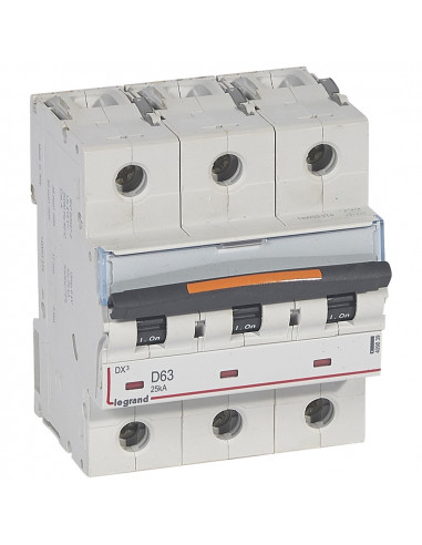 Disjoncteur DX³ 25kA arrivée haute départ bas à vis 3 Pôles 400V 63A courbe D 4,5 modules LEGRAND 409839