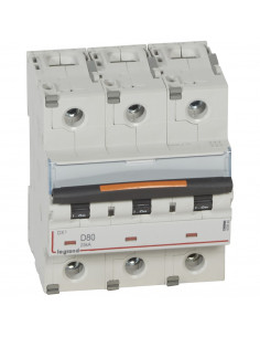 Disjoncteur DX³ 25kA arrivée haute et départ bas à vis 3 Pôles 400V~ 80A courbe D 4,5 modules LEGRAND 409840