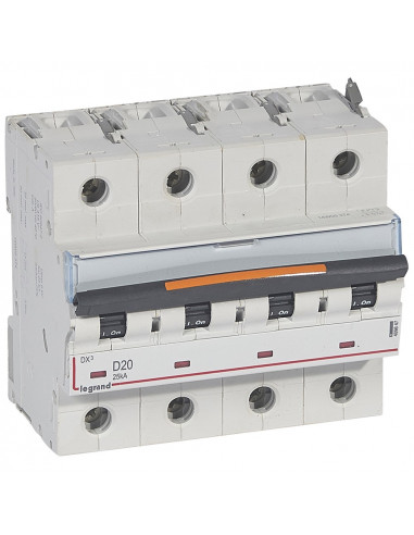 Disjoncteur DX³ 25kA arrivée haute/départ bas vis 4 Pôles 20A courbe D 6 modules LEGRAND 409847
