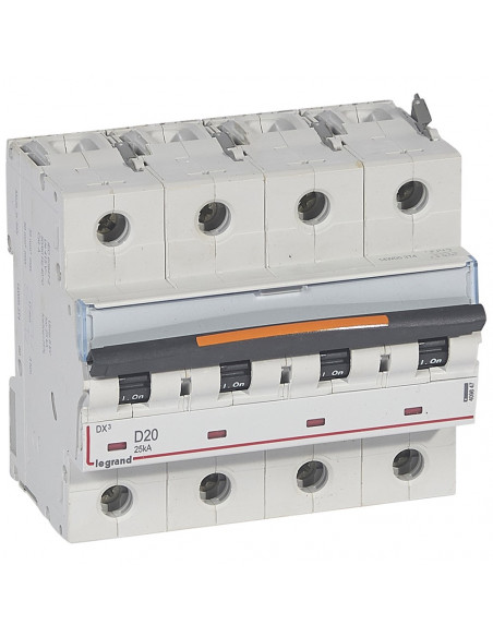 Disjoncteur DX³ 25kA arrivée haute/départ bas vis 4 Pôles 20A courbe D 6 modules LEGRAND 409847