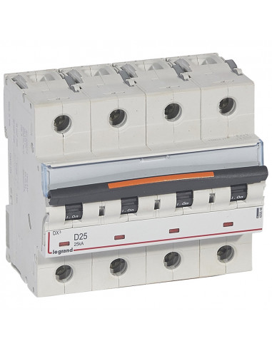 Disjoncteur DX³ 25kA arrivée haute/départ bas vis 4 Pôles 25A courbe D 6 modules  LEGRAND 409848
