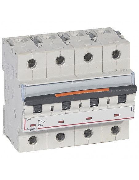 Disjoncteur DX³ 25kA arrivée haute/départ bas vis 4 Pôles 25A courbe D 6 modules  LEGRAND 409848