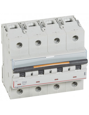 Disjoncteur DX³ 25kA arrivée haute et départ bas à vis 4 Pôles 400V~ 32A courbe D 6 modules LEGRAND 409849