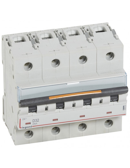 Disjoncteur DX³ 25kA arrivée haute et départ bas à vis 4 Pôles 400V~ 32A courbe D 6 modules LEGRAND 409849