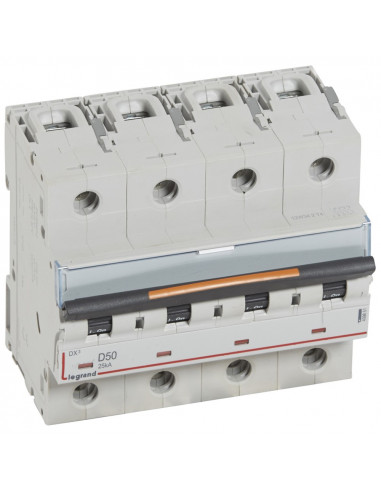 Disjoncteur DX³ 25kA arrivée haute et départ bas à vis 4 Pôles 400V~ 50A courbe D 6 modules LEGRAND 409851