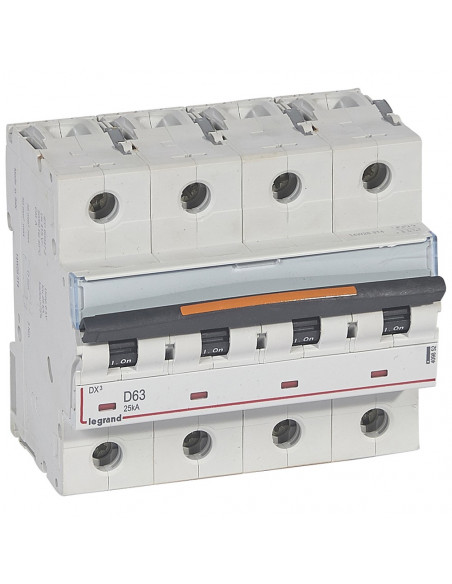 Disjoncteur DX3 Vis Tétrapolaire 400V 63A 25KA Courbe D 6 Modules LEGRAND 409852