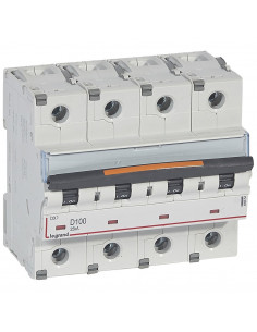 Disjoncteur DX³ 25kA arrivée haute et départ bas à vis 4 Pôles 400V~ 100A courbe D 6 modules LEGRAND 409854