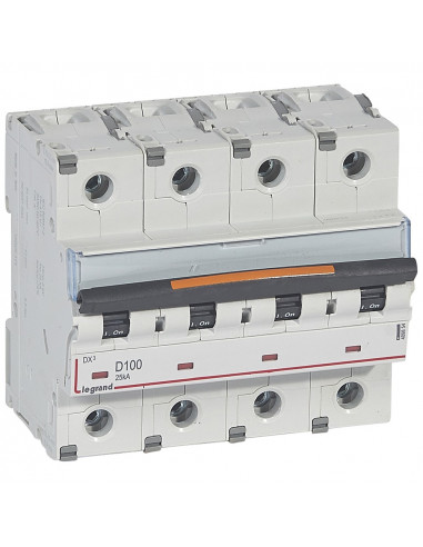 Disjoncteur DX³ 25kA arrivée haute et départ bas à vis 4 Pôles 400V~ 100A courbe D 6 modules LEGRAND 409854