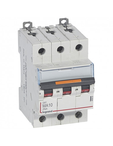 Disjoncteur magnétique seul DX³ MA 25kA arrivée haute et départ bas à vis 3 Pôles 400V~ 10A 3 modules LEGRAND 409880