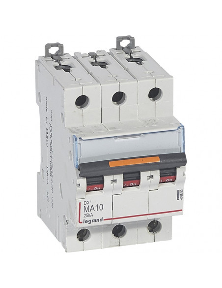 Disjoncteur magnétique seul DX³ MA 25kA arrivée haute et départ bas à vis 3 Pôles 400V~ 10A 3 modules LEGRAND 409880