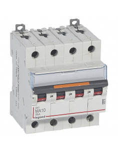 Disjoncteur magnétique seul DX³ MA 25kA arrivée haute départ bas vis 4 Pôles 400V~ 10A 4 modules LEGRAND 409890