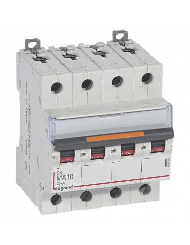 Disjoncteur magnétique seul DX³ MA 25kA arrivée haute départ bas vis 4 Pôles 400V~ 10A 4 modules LEGRAND 409890