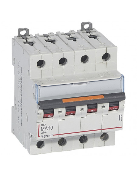 Disjoncteur magnétique seul DX³ MA 25kA arrivée haute départ bas vis 4 Pôles 400V~ 10A 4 modules LEGRAND 409890