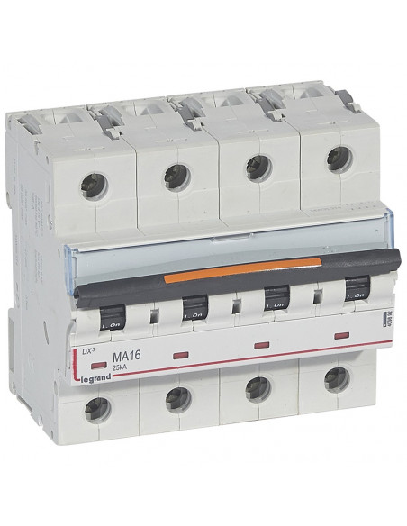 Disjoncteur magnétique seul DX³ MA 25kA arrivée haute et départ bas à vis 4 Pôles 400V~ 16A 6 modules LEGRAND 409892