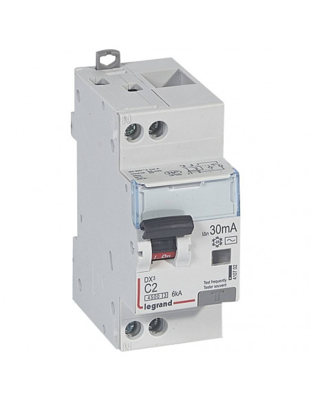 Disjoncteur différentiel DX³4500 arrivée haute et départ bas à vis U+N 230V 2A type AC 30mA courbe C 2 modules LEGRAND 410702