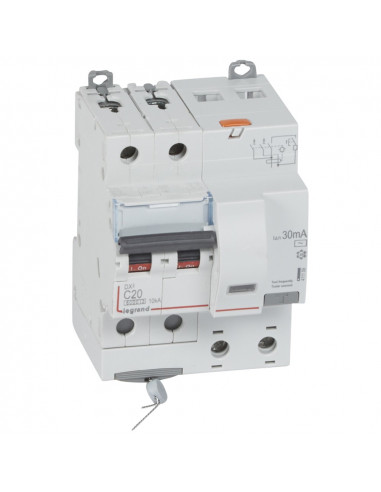 Disjoncteur différentiel monobloc DX³6000 10kA arrivée haute départ bas vis 2 Pôles 230V à 400V 20A type AC 30mA LEGRAND 411159